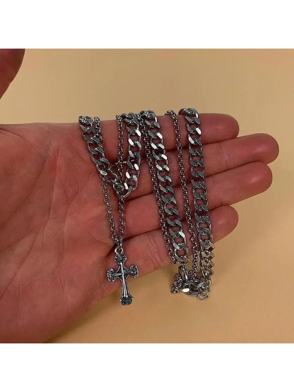 Y2k Cyber Double layer opium silver chrome cross chain grunge Cuban link